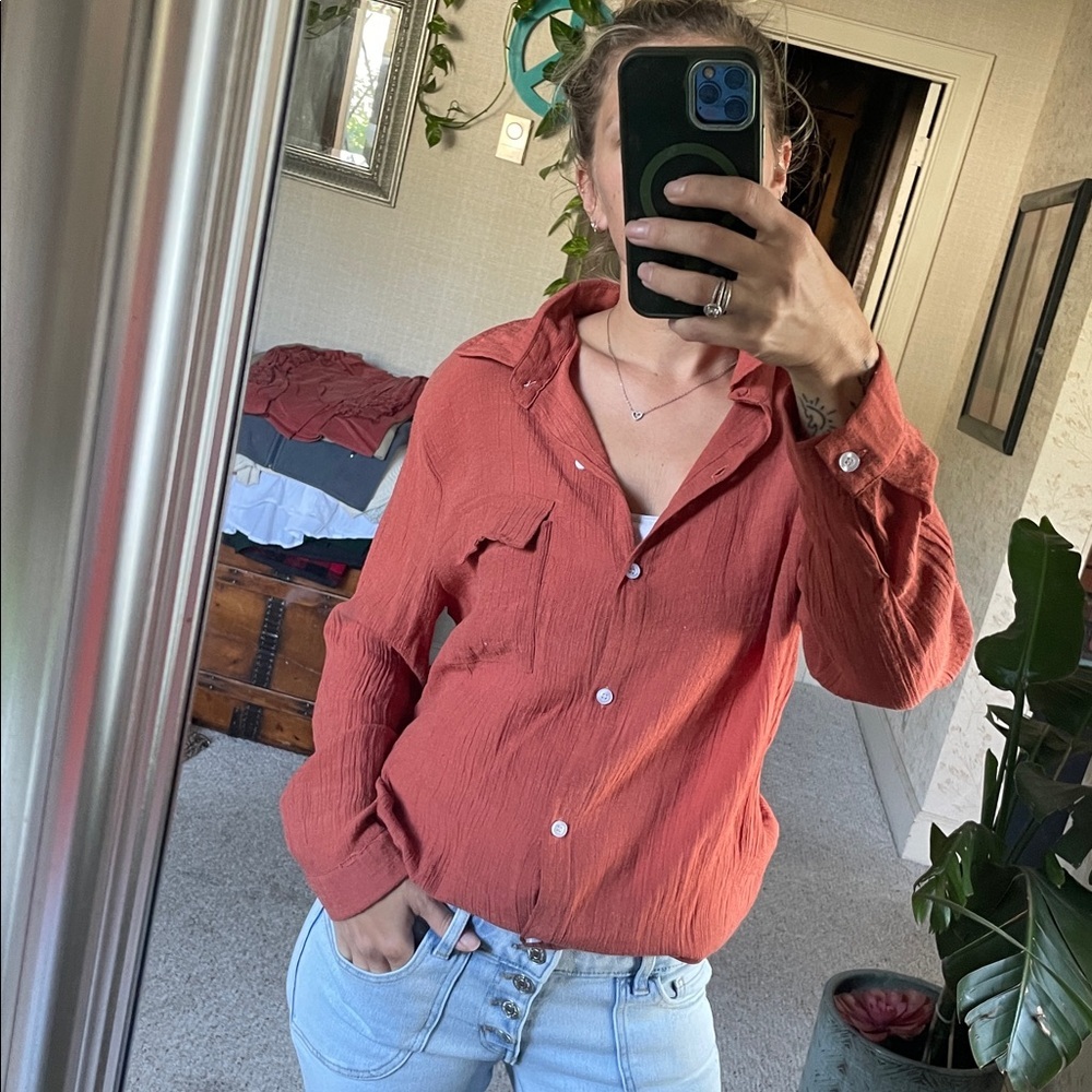 Zoye Chen Rustic Orange Fall Button-Up Shirt - image 1